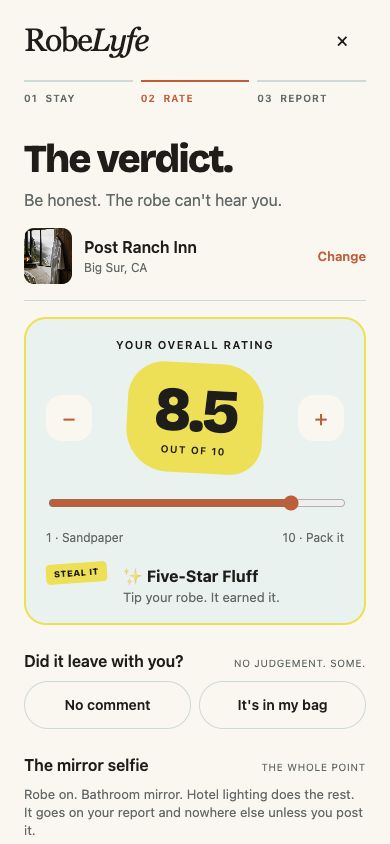 Current RobeLyfe web preview showing a sample 8.5 rating and STEAL IT verdict
