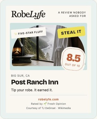 Actual app web report with an illustrative Post Ranch Inn rating of 8.5 and a STEAL IT stamp