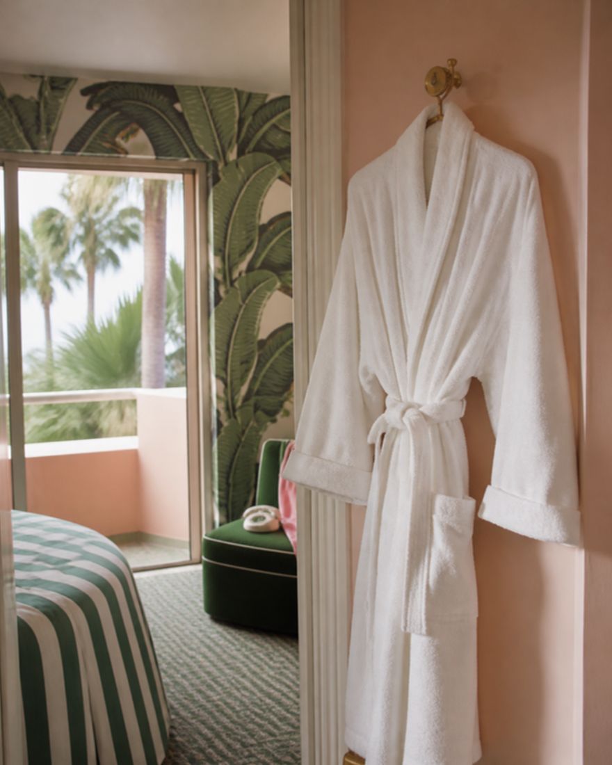 App illustration of a white hotel robe beside a palm-filled window